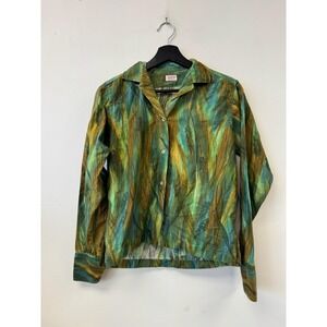 Vintage Gabey Shirt Womens Medium Green Abstract Print Button Up Cotton 50s 60s